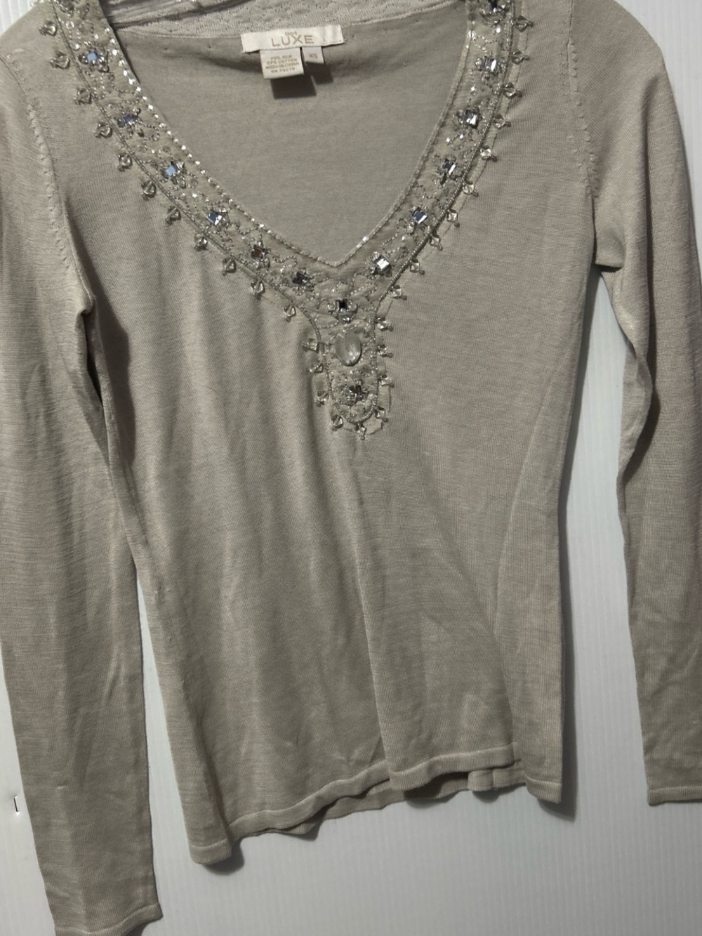 Luxe Beaded V-Neck Long Sleeve Top - Taupe